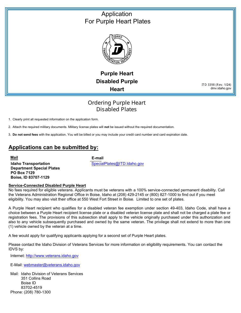 Form ITD3398 Purple Heart Plates Application - Idaho, Page 2
