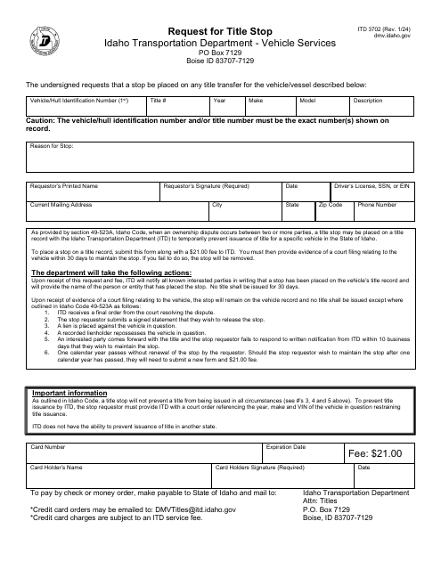 Form ITD3702 Request for Title Stop - Idaho