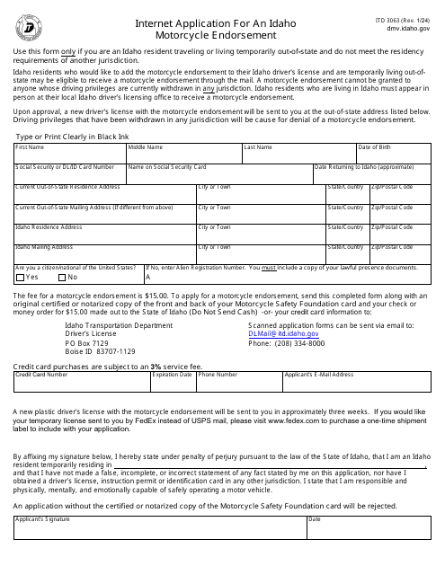 Form ITD3063 Internet Application for an Idaho Motorcycle Endorsement - Idaho
