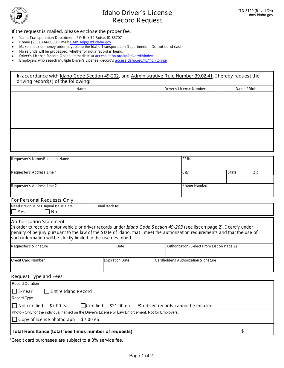 Form ITD3120 Idaho Drivers License Record Request - Idaho, Page 1