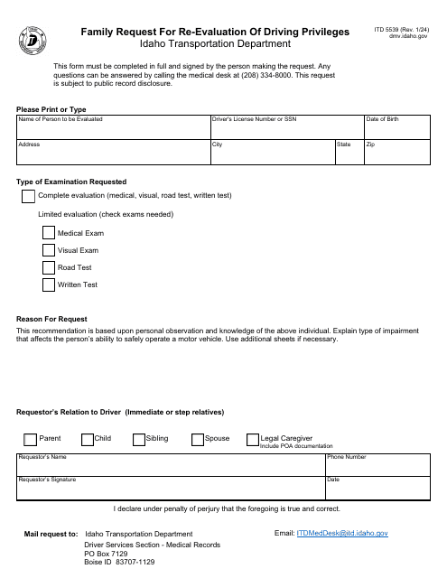Form ITD5539 Family Request for Re-evaluation of Driving Privileges - Idaho