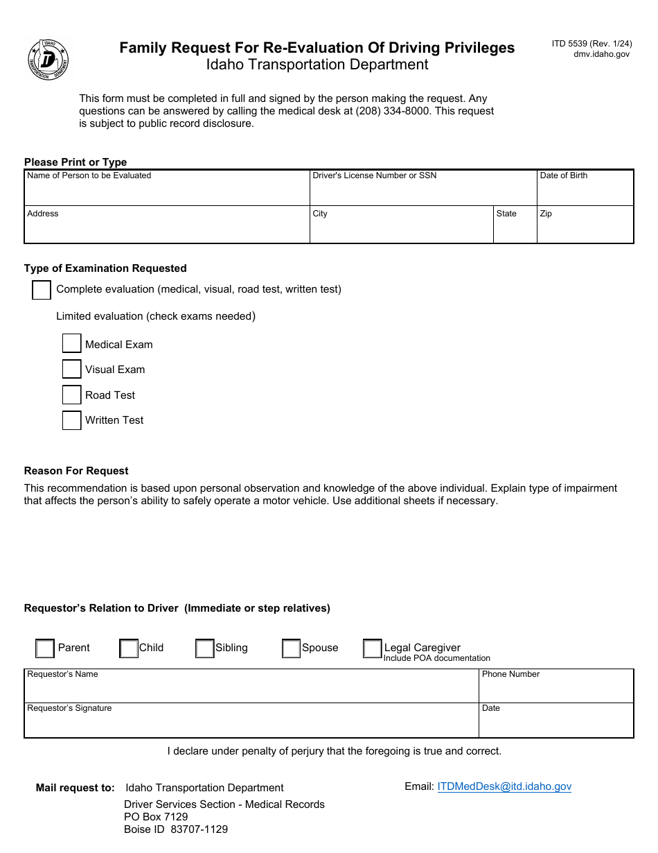 Form ITD5539 Family Request for Re-evaluation of Driving Privileges - Idaho, Page 1