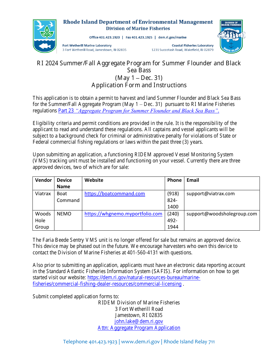 Summer / Fall Aggregate Program for Summer Flounder and Black Sea Bass Application - Rhode Island, Page 1