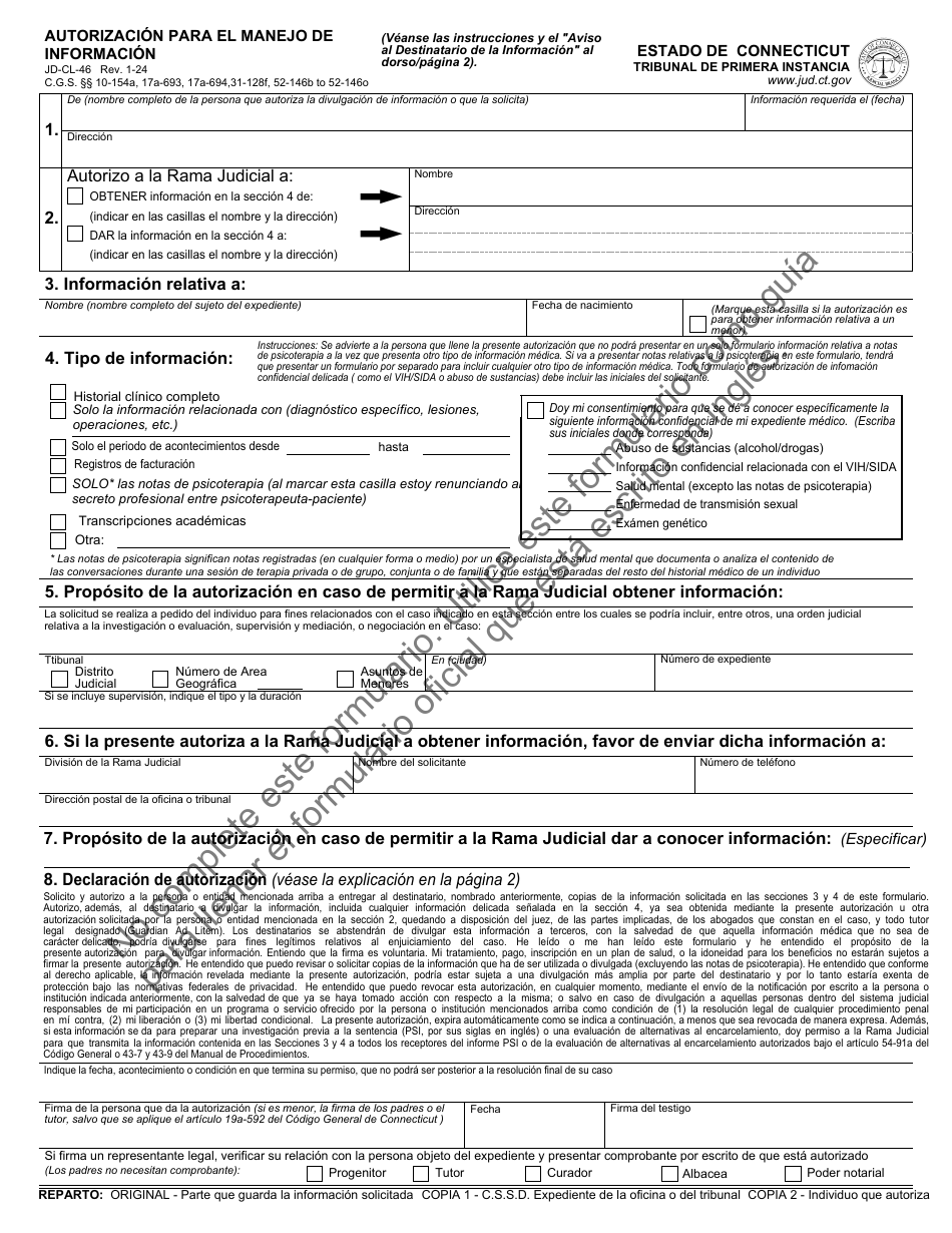Formulario JD-CL-46S Autorizacion Para El Manejo De Informacion - Connecticut (Spanish), Page 1