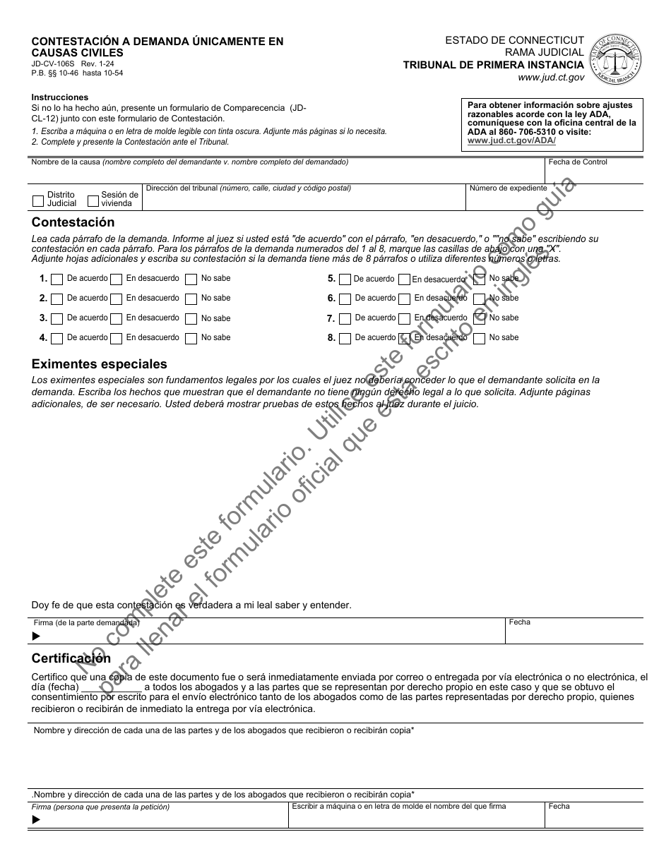Formulario JD-CV-106S Contestacion a Demanda Unicamente En Causas Civiles - Connecticut (Spanish), Page 1