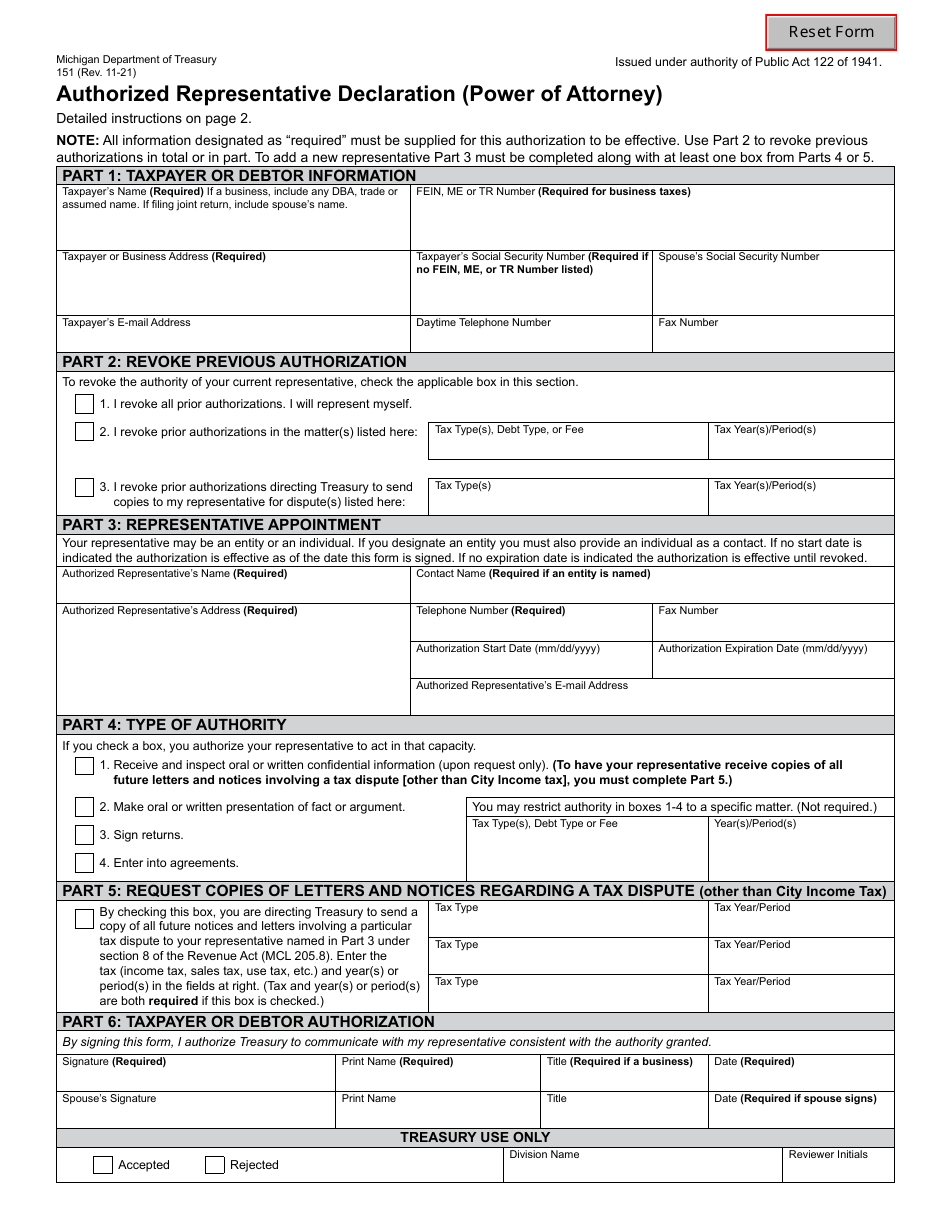 Form 151 Authorized Representative Declaration (Power of Attorney) - Michigan, Page 1