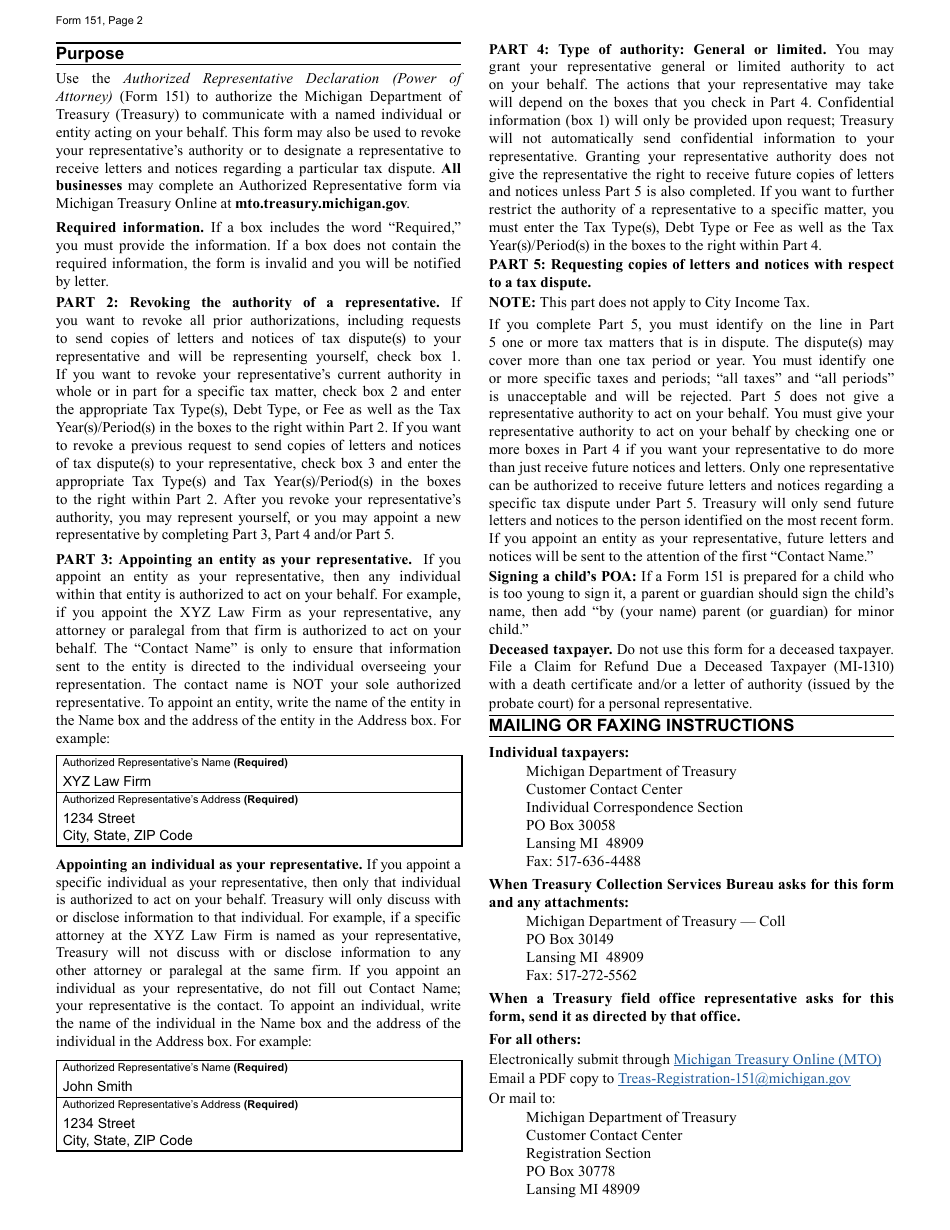 Form 151 Download Fillable Pdf Or Fill Online Authorized Representative Declaration Power Of 1303