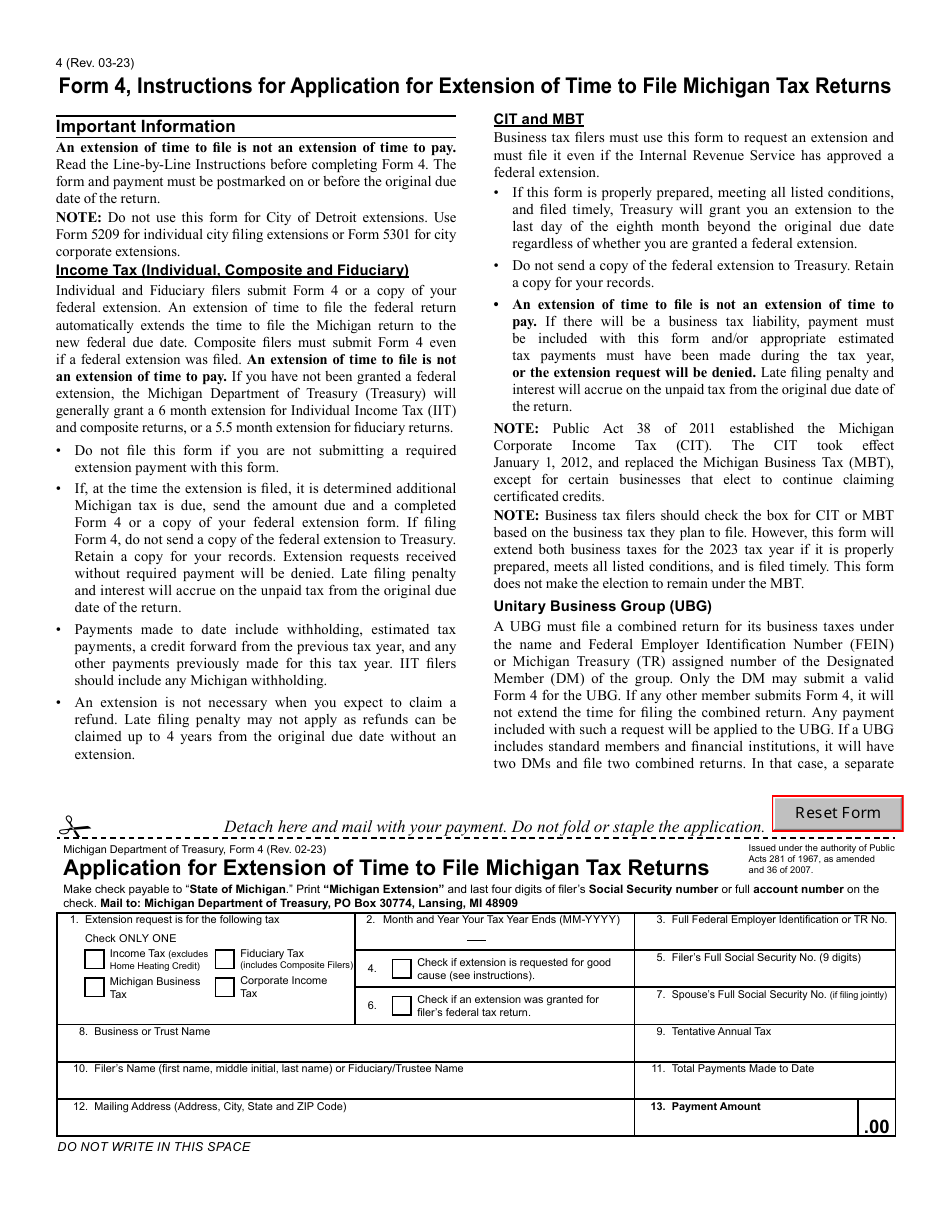 Form 4 Application for Extension of Time to File Michigan Tax Returns - Michigan, Page 1