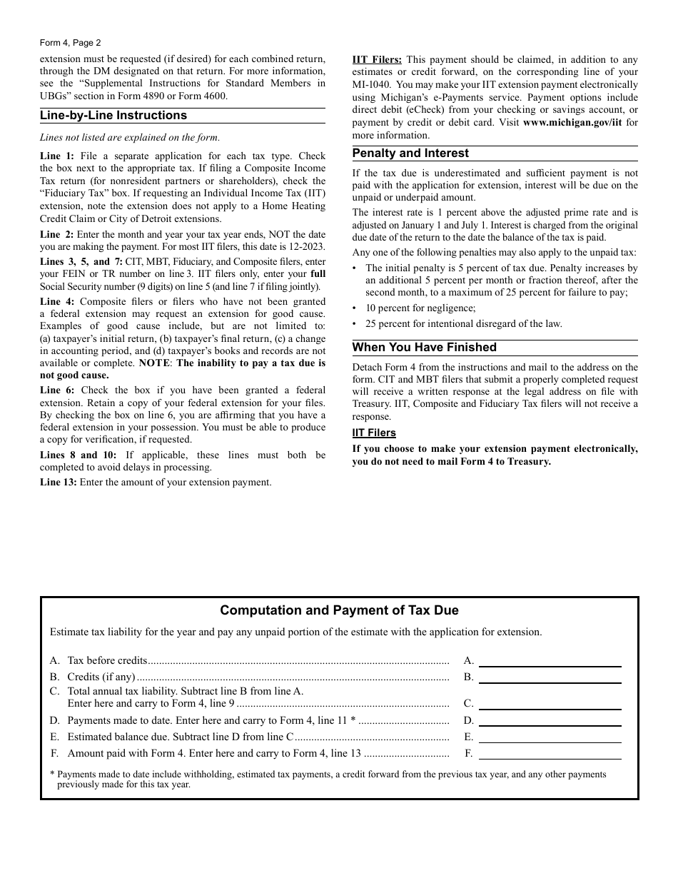 Form 4 Application for Extension of Time to File Michigan Tax Returns - Michigan, Page 2