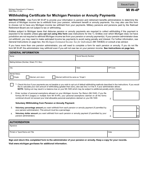 Form 4924 Withholding Certificate for Michigan Pension or Annuity Payments - Michigan