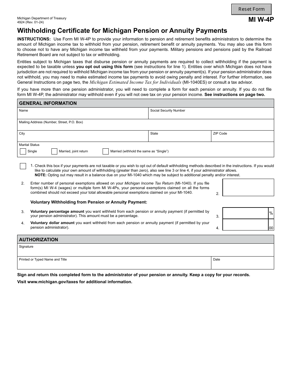 Form 4924 Withholding Certificate for Michigan Pension or Annuity Payments - Michigan, Page 1