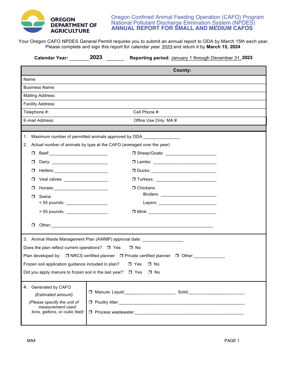 Annual Report for Small and Medium Cafos - Oregon, Page 1