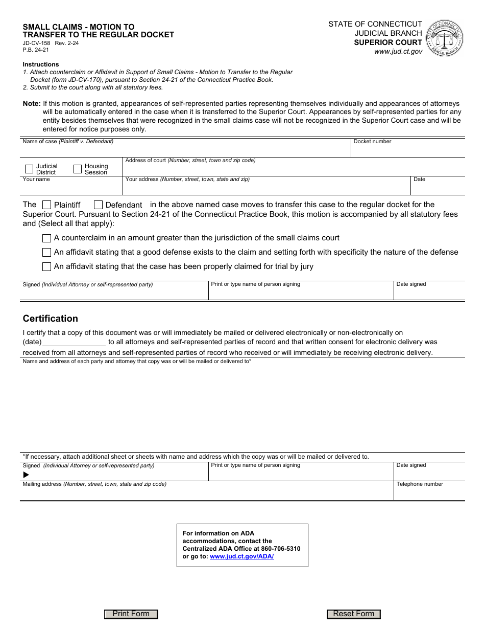 Form JD-CV-158 Download Fillable PDF or Fill Online Small Claims ...