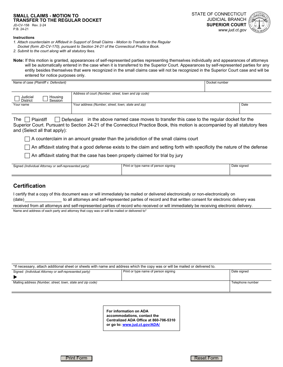 Form JD-CV-158 Small Claims - Motion to Transfer to the Regular Docket - Connecticut, Page 1