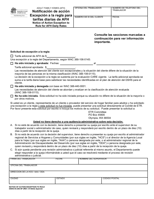 DSHS Formulario 05-256 Notificacion De Accion Excepcion a La Regla Para Tarifas Diarias De Afh - Washington (Spanish)