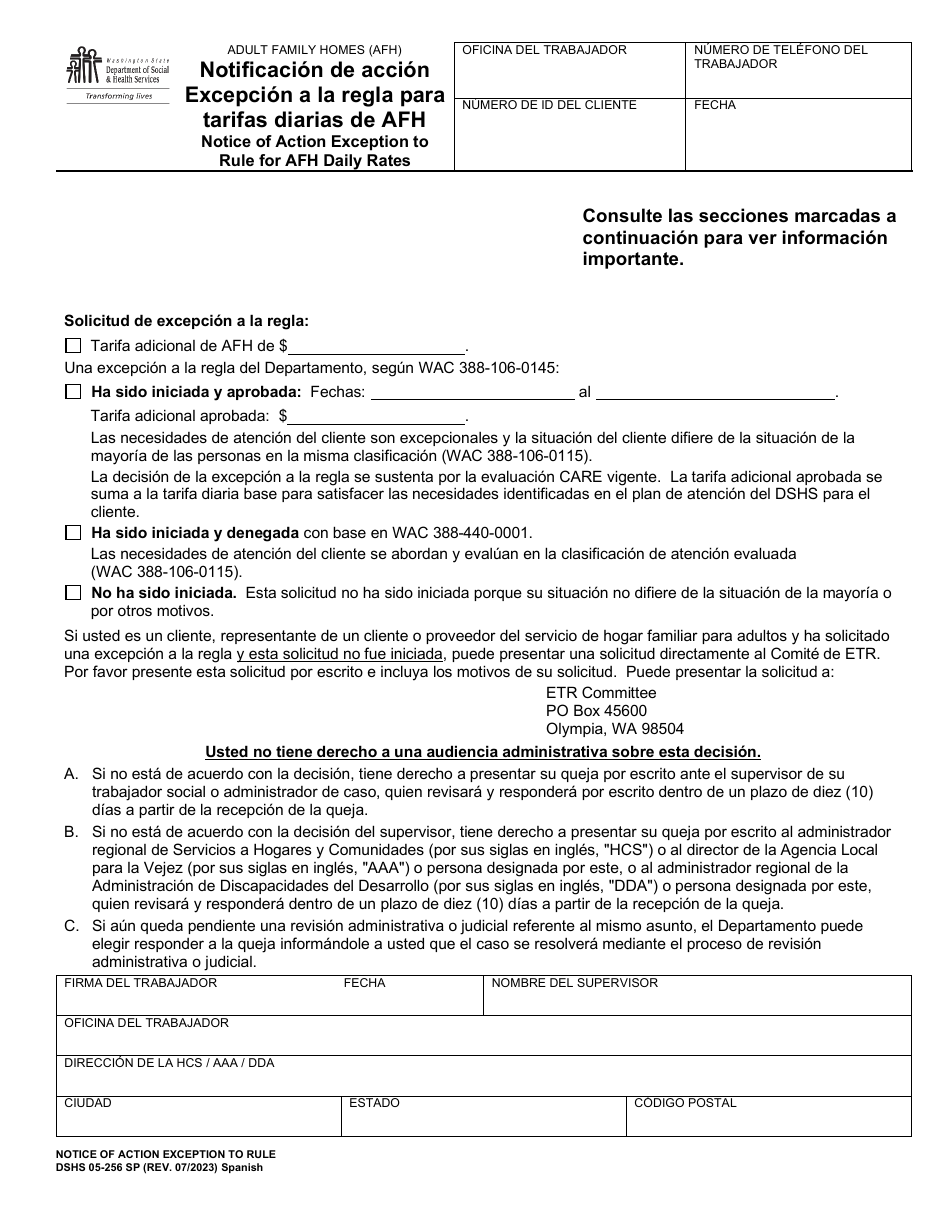 DSHS Formulario 05-256 Notificacion De Accion Excepcion a La Regla Para Tarifas Diarias De Afh - Washington (Spanish), Page 1