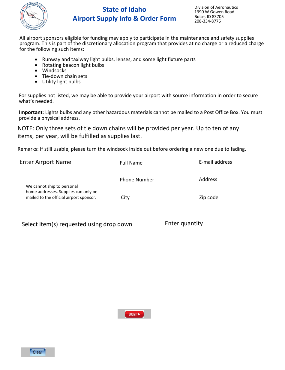 Airport Supply Info  Order Form - Idaho, Page 1