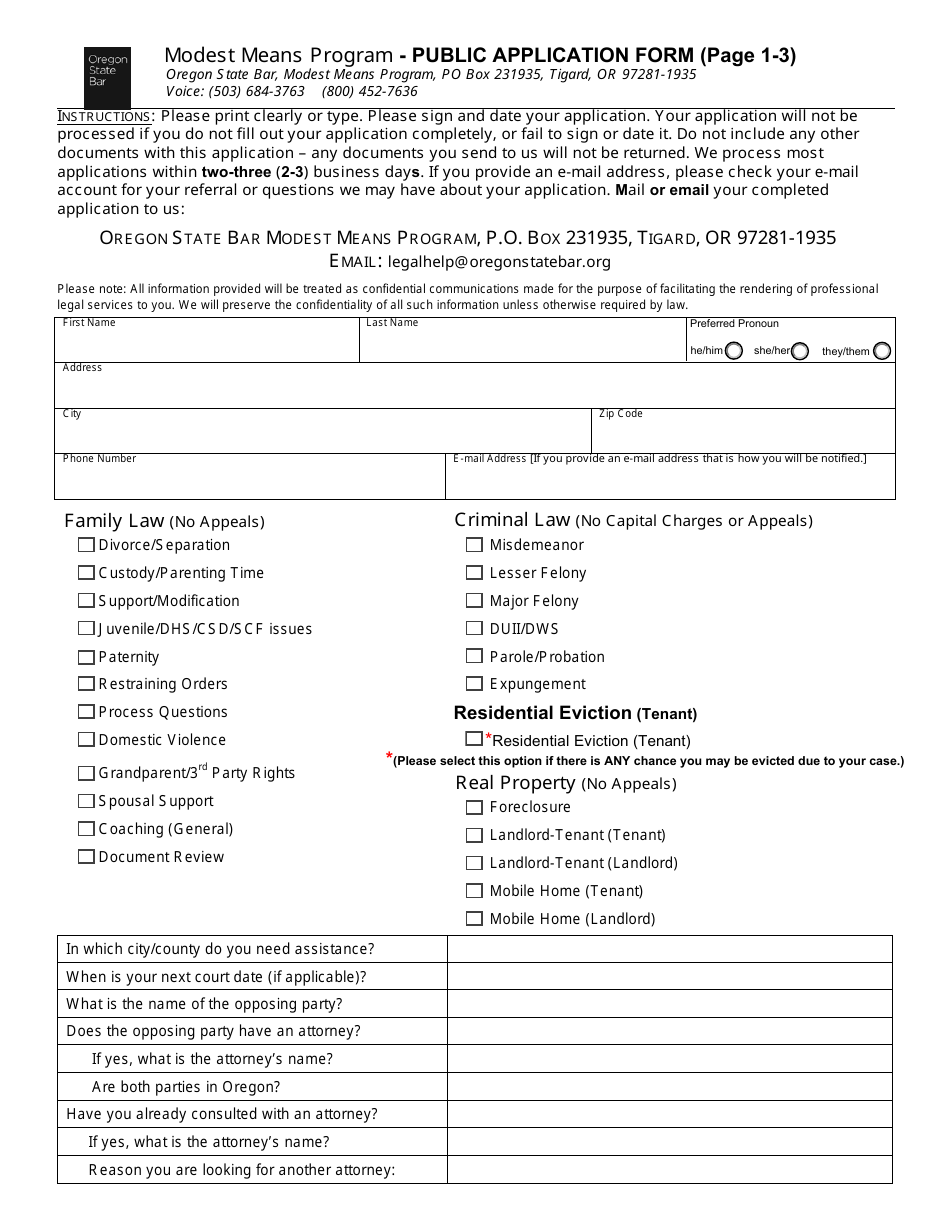 Public Application Form - Modest Means Program - Oregon, Page 3