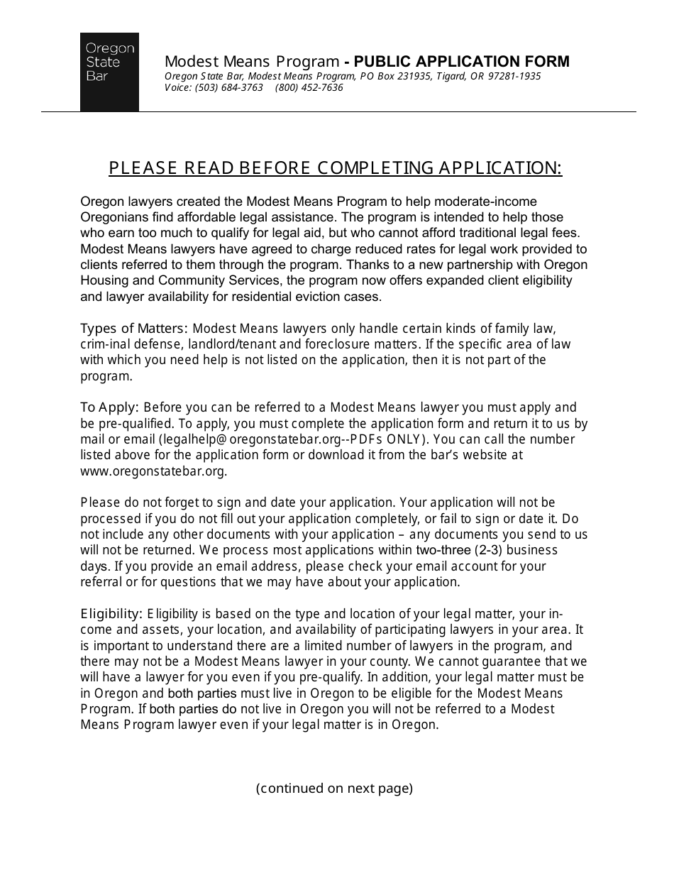 Oregon Public Application Form - Modest Means Program Download Fillable ...