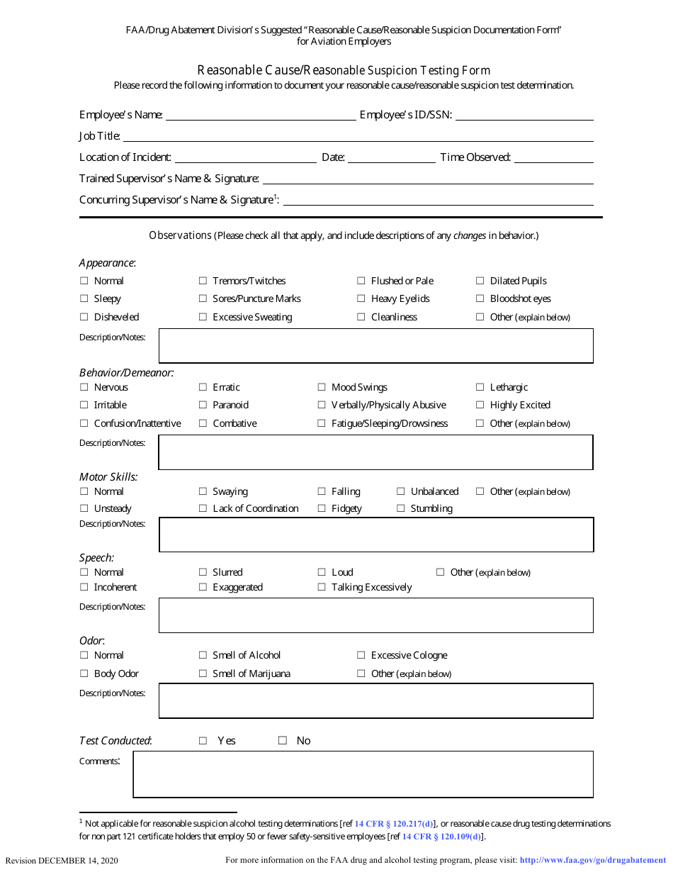 Reasonable Cause / Reasonable Suspicion Testing Form, Page 1