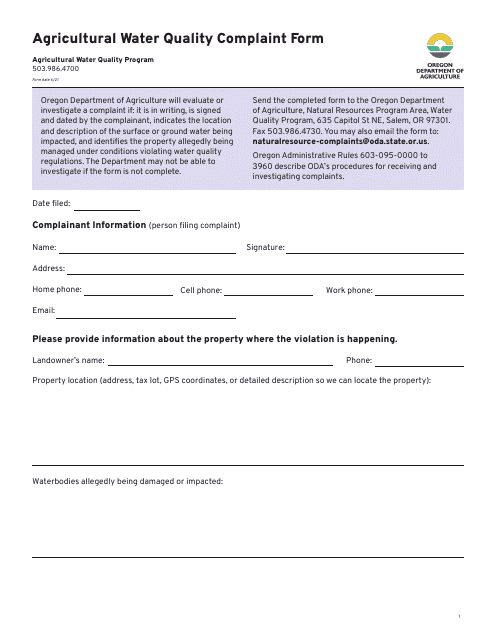 Agricultural Water Quality Complaint Form - Oregon Download Pdf