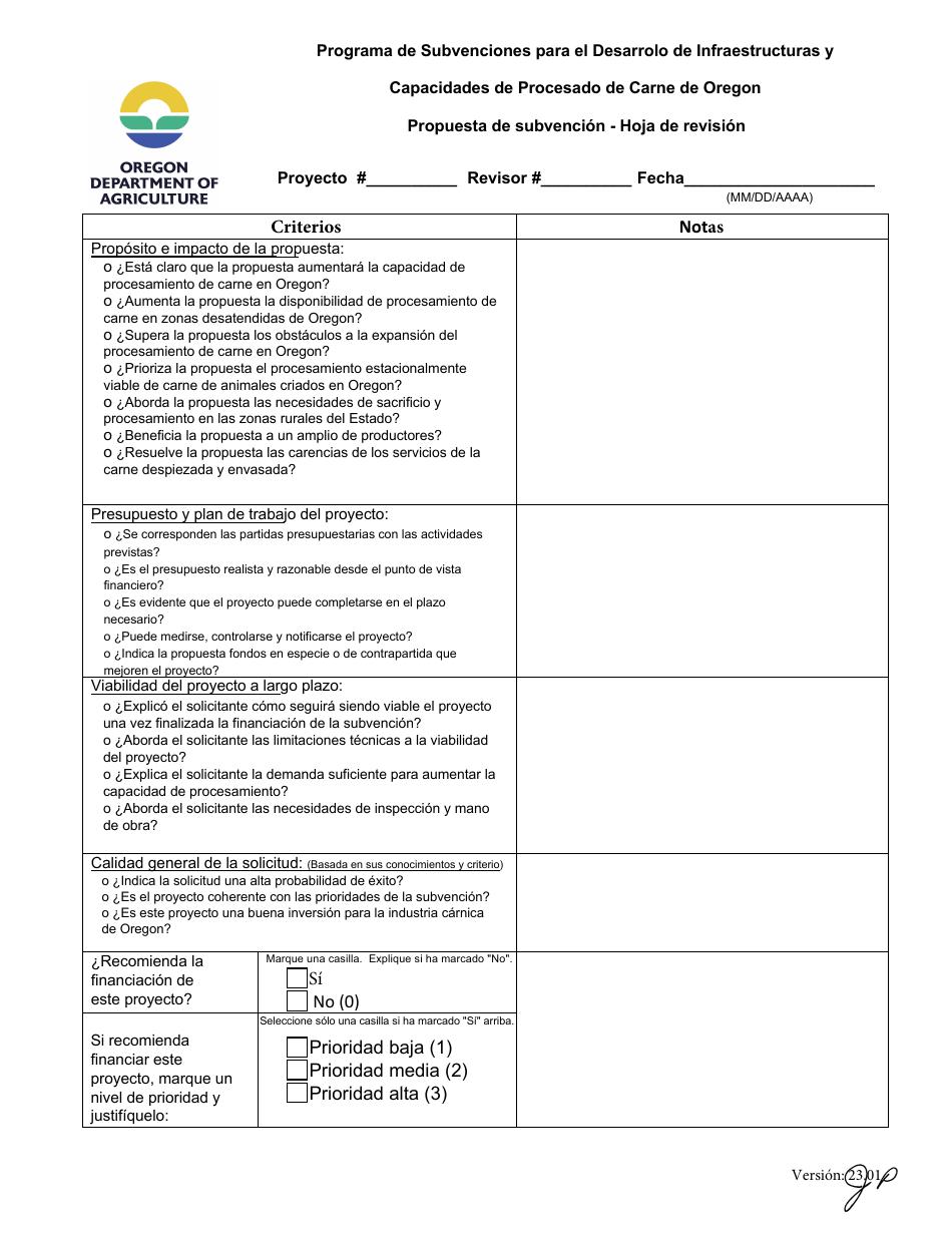 Hoja De Revision - Programa De Subvenciones Para El Desarrolo De Infraestructuras Y Capacidades De Procesado De Carne De Oregon - Oregon (Spanish), Page 1