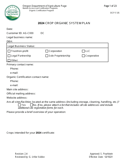 Form OCP.F.05 Crop Organic System Plan - Oregon, 2024