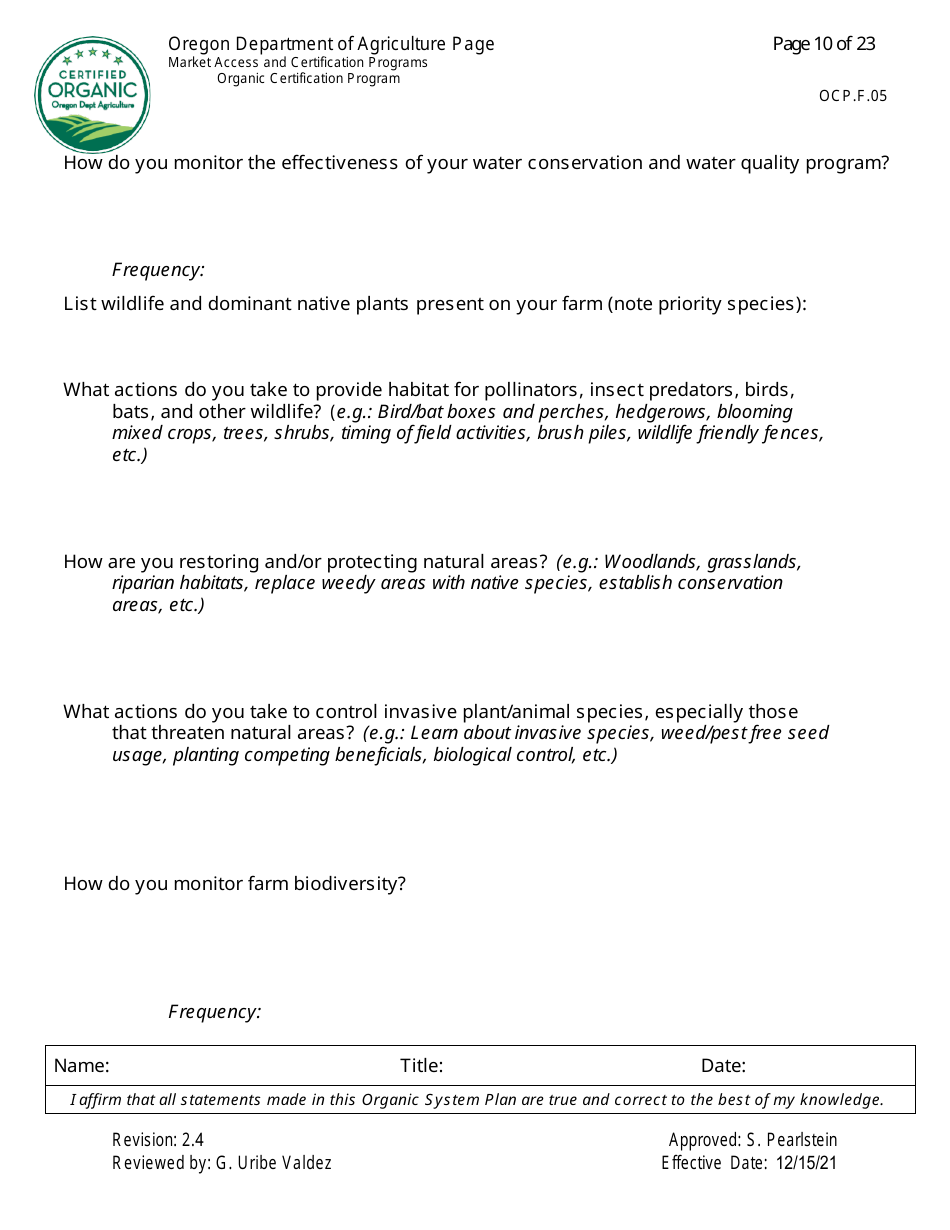 Form OCP.F.05 Crop Organic System Plan - Oregon, Page 10
