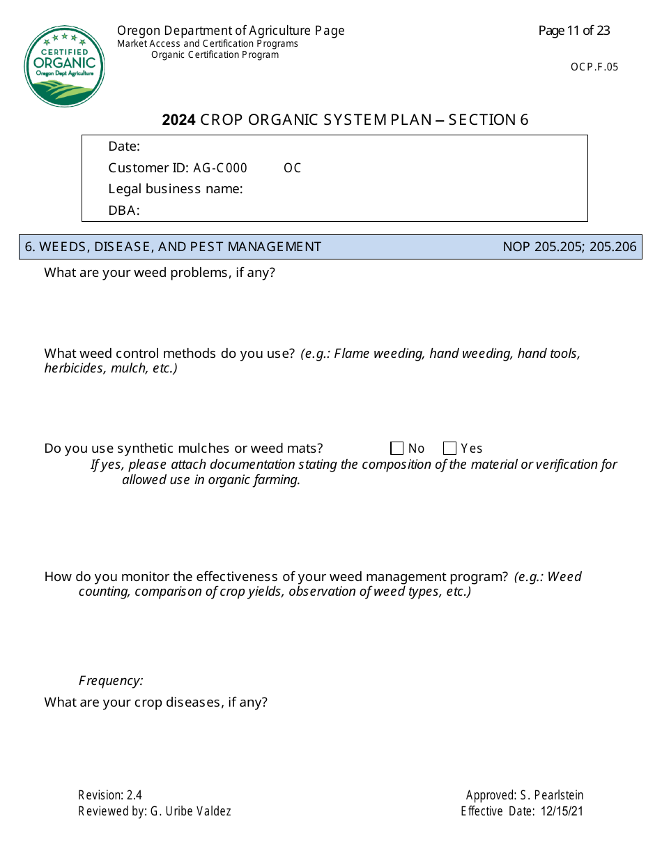 Form OCP.F.05 Crop Organic System Plan - Oregon, Page 11