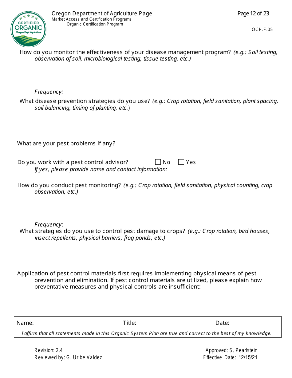 Form OCP.F.05 Crop Organic System Plan - Oregon, Page 12