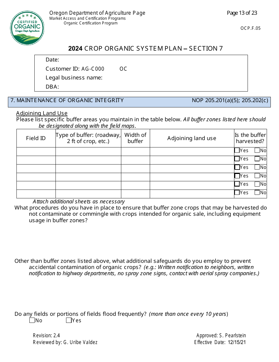 Form OCP.F.05 Crop Organic System Plan - Oregon, Page 13