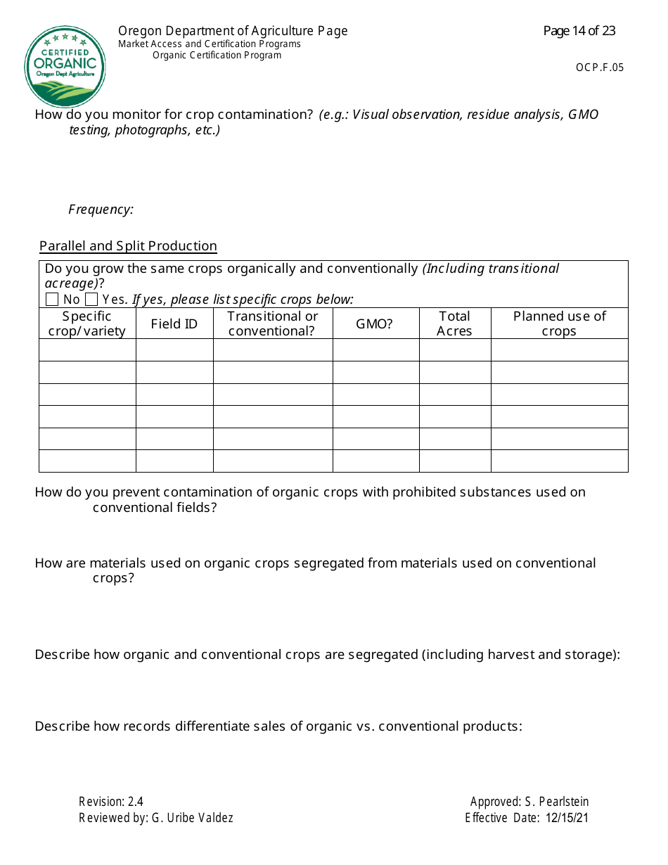 Form OCP.F.05 Crop Organic System Plan - Oregon, Page 14