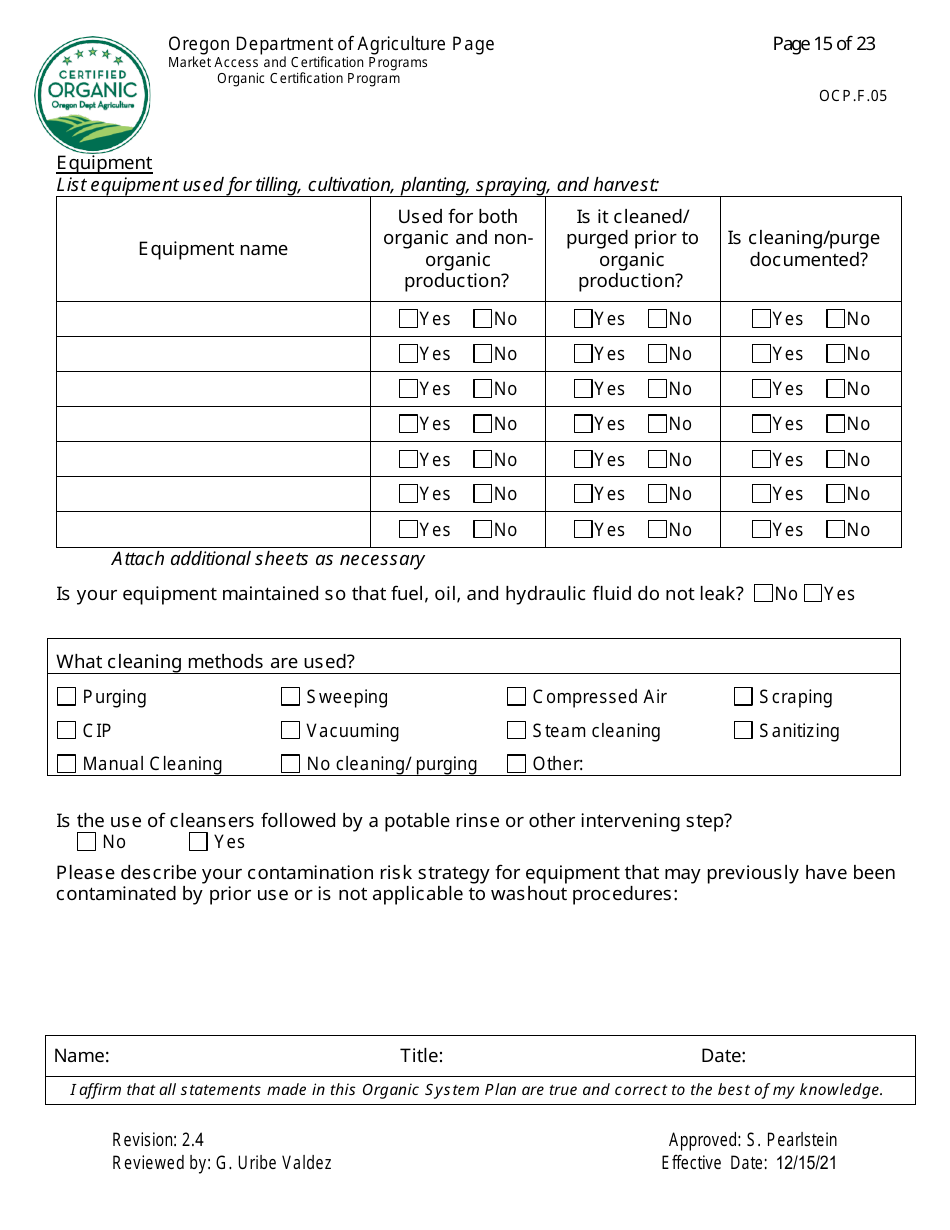 Form OCP.F.05 Crop Organic System Plan - Oregon, Page 15