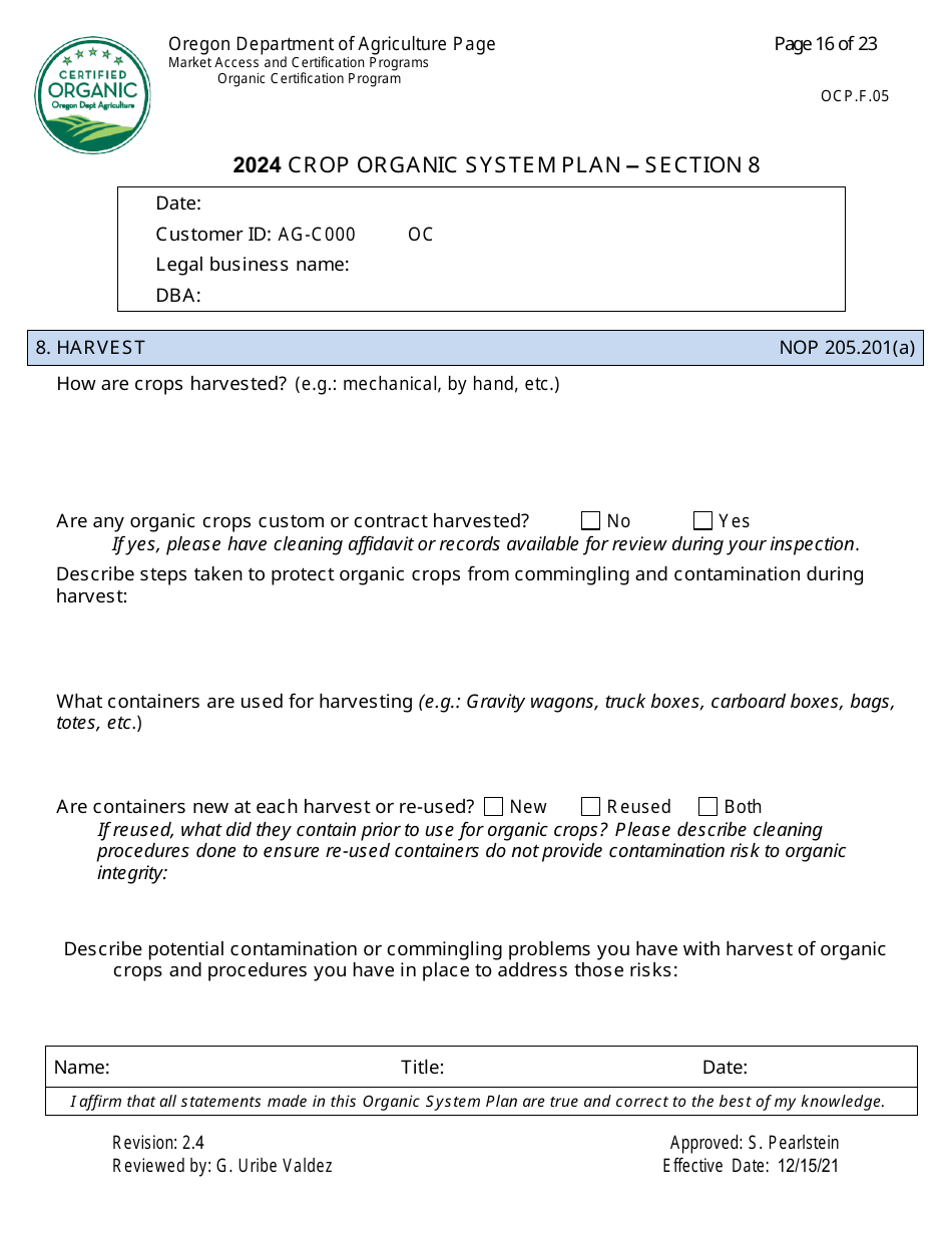 Form OCP.F.05 Crop Organic System Plan - Oregon, Page 16