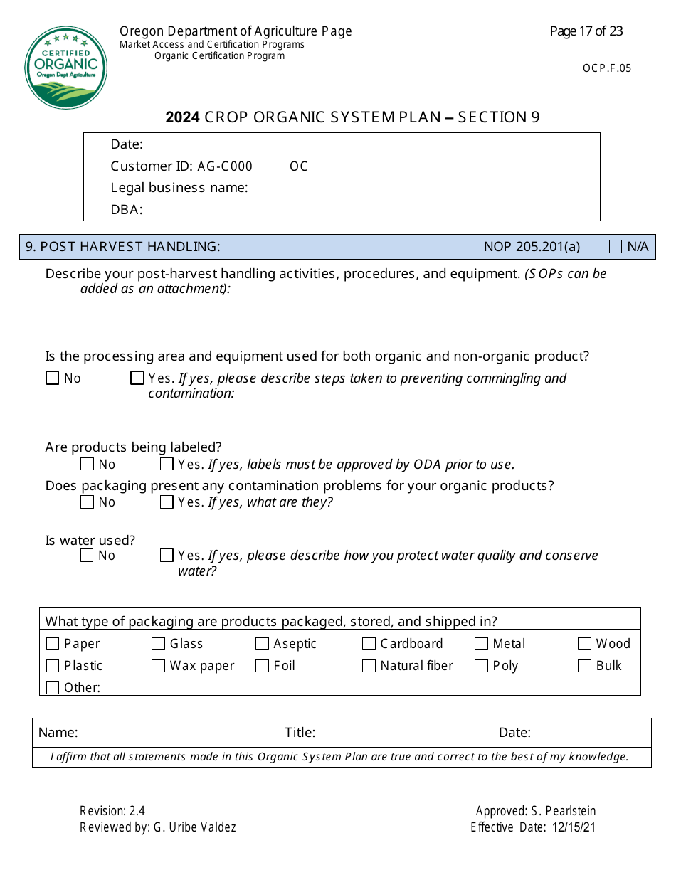 Form OCP.F.05 Crop Organic System Plan - Oregon, Page 17