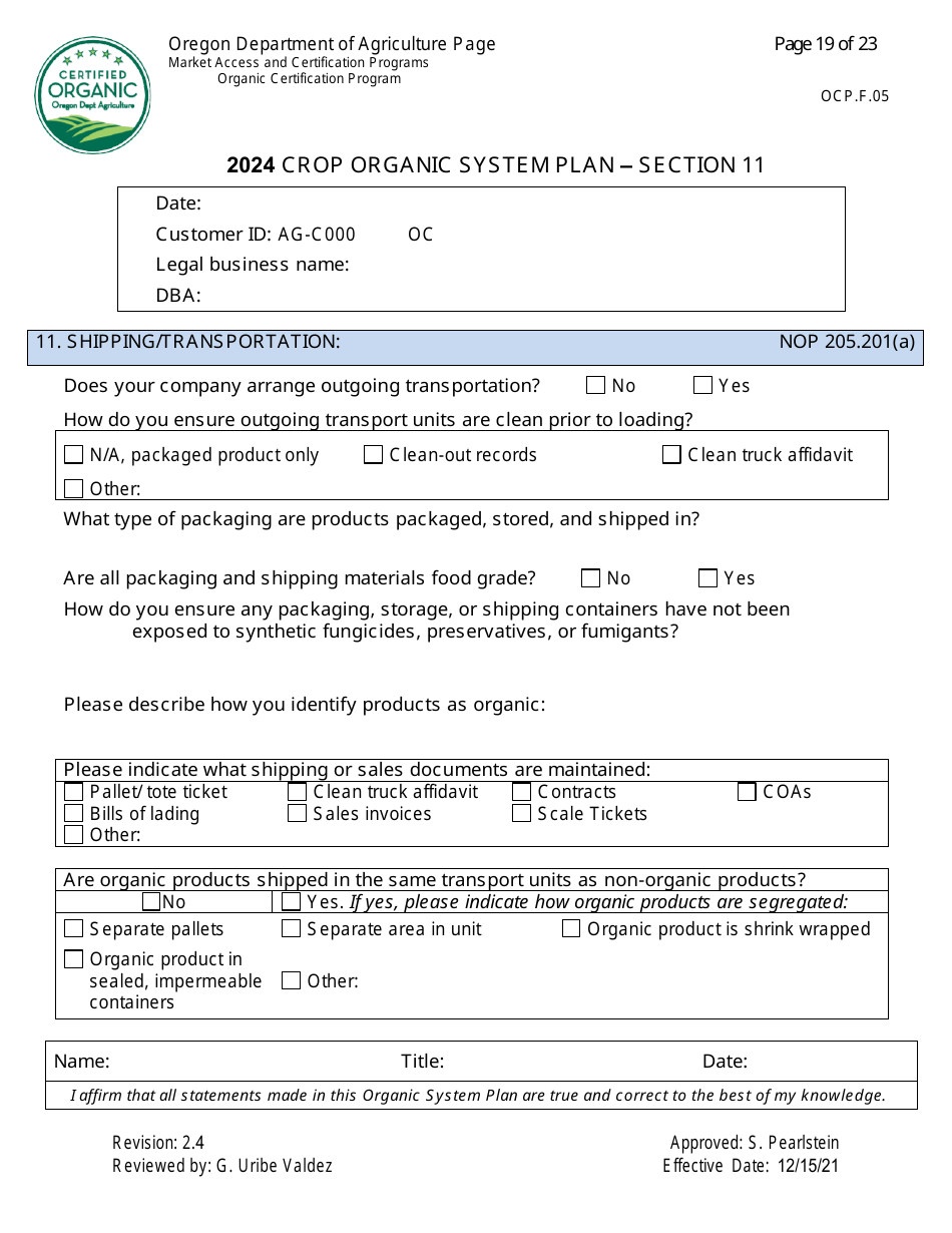 Form OCP.F.05 Crop Organic System Plan - Oregon, Page 19