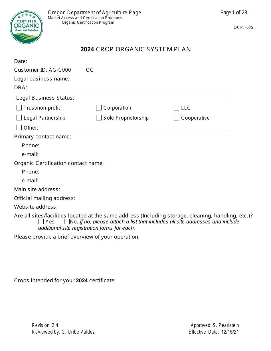 Form OCP.F.05 Crop Organic System Plan - Oregon, Page 1