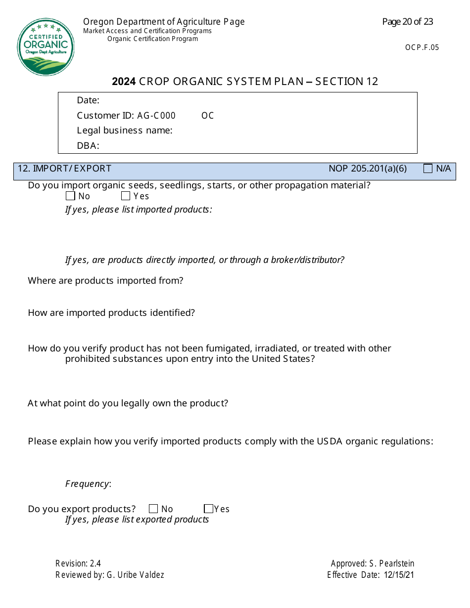Form OCP.F.05 Crop Organic System Plan - Oregon, Page 20