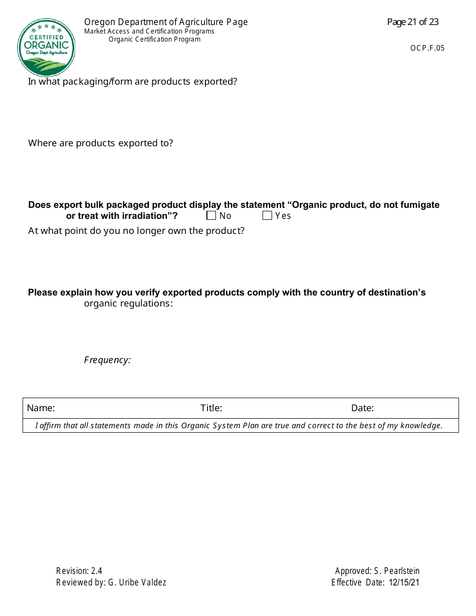 Form OCP.F.05 Crop Organic System Plan - Oregon, Page 21
