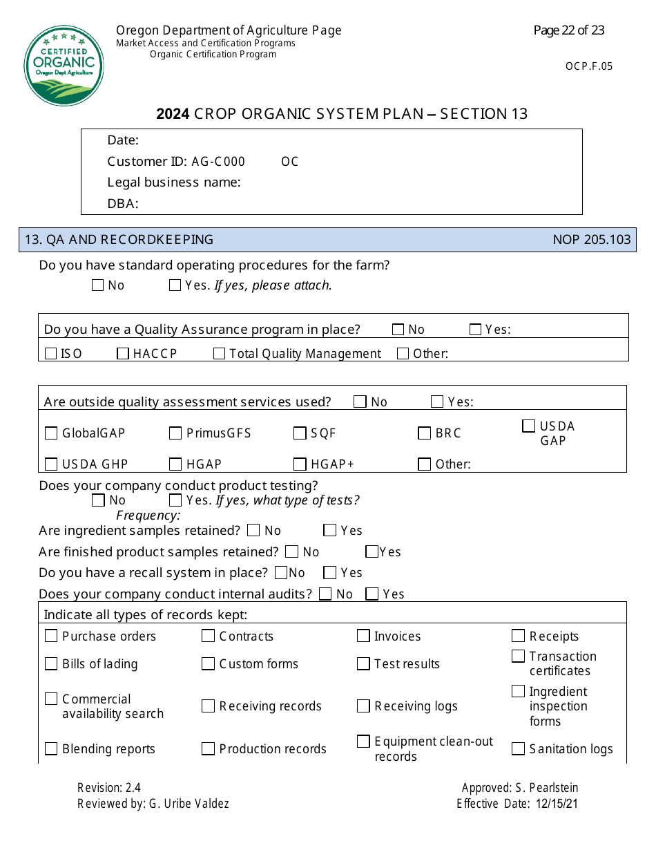 Form OCP.F.05 Crop Organic System Plan - Oregon, Page 22