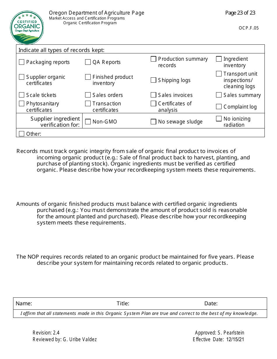 Form OCP.F.05 Crop Organic System Plan - Oregon, Page 23