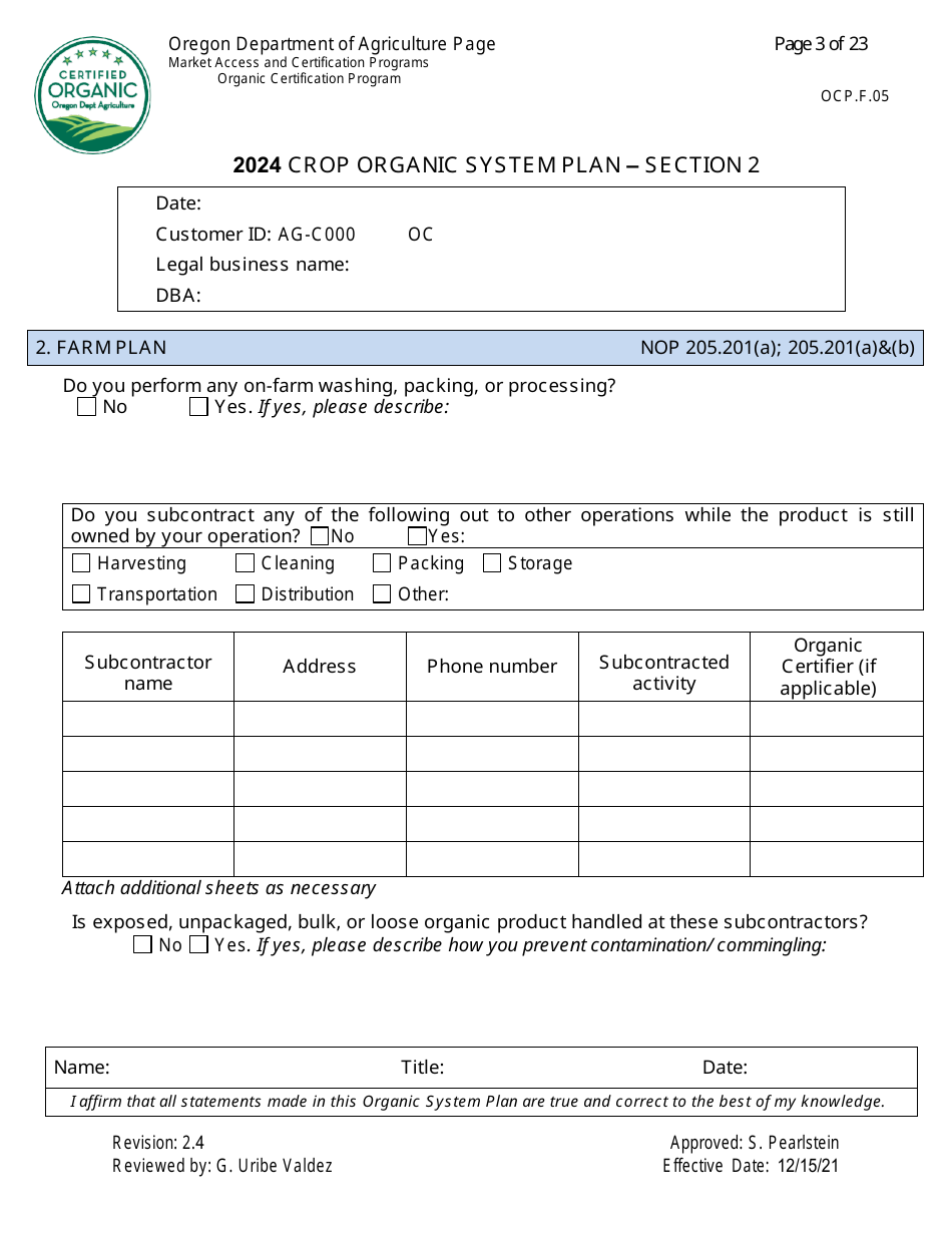 Form OCP.F.05 Crop Organic System Plan - Oregon, Page 3