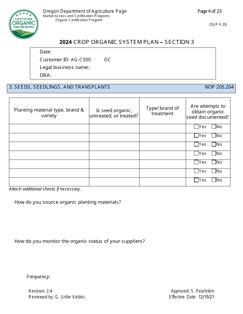 Form OCP.F.05 Crop Organic System Plan - Oregon, Page 4