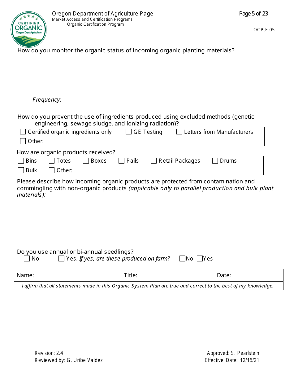 Form OCP.F.05 Crop Organic System Plan - Oregon, Page 5