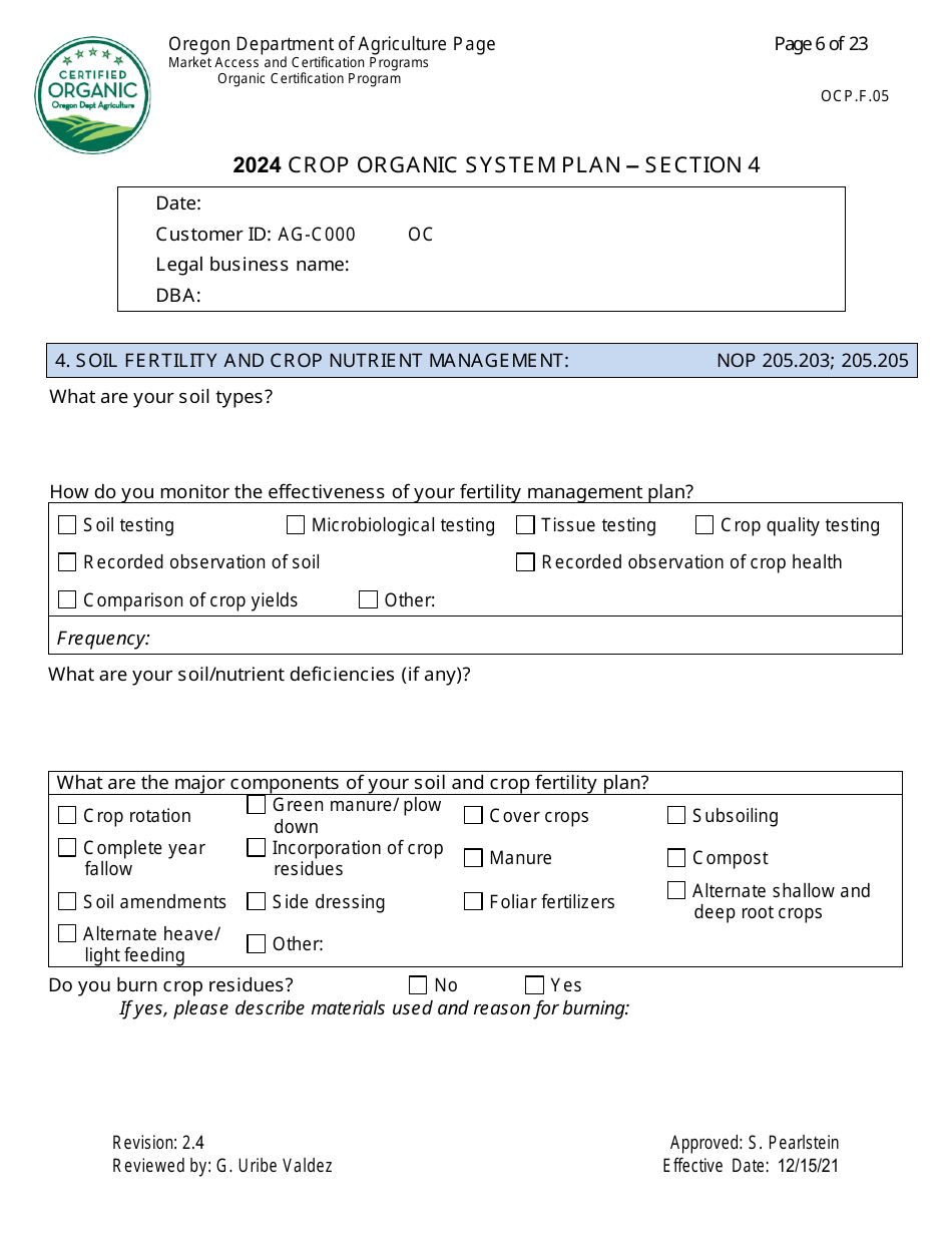 Form OCP.F.05 Crop Organic System Plan - Oregon, Page 6