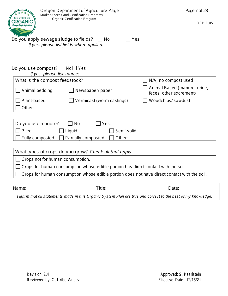 Form OCP.F.05 Crop Organic System Plan - Oregon, Page 7