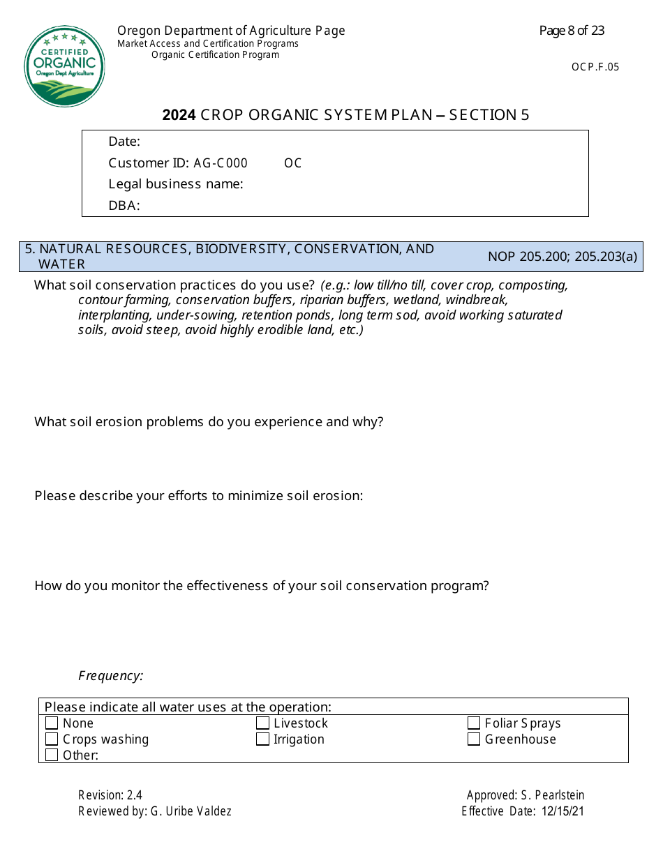 Form OCP.F.05 Crop Organic System Plan - Oregon, Page 8