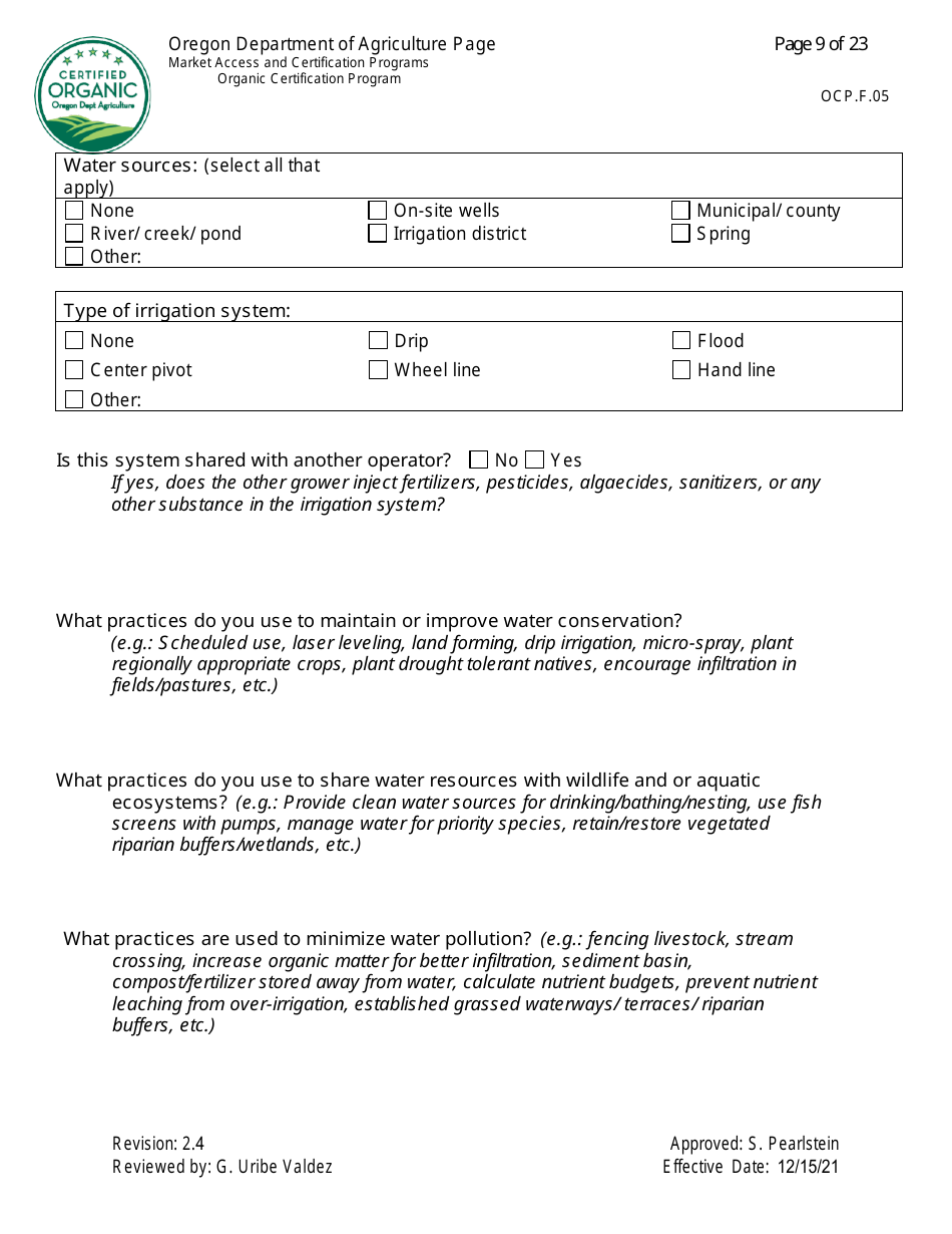 Form OCP.F.05 Crop Organic System Plan - Oregon, Page 9