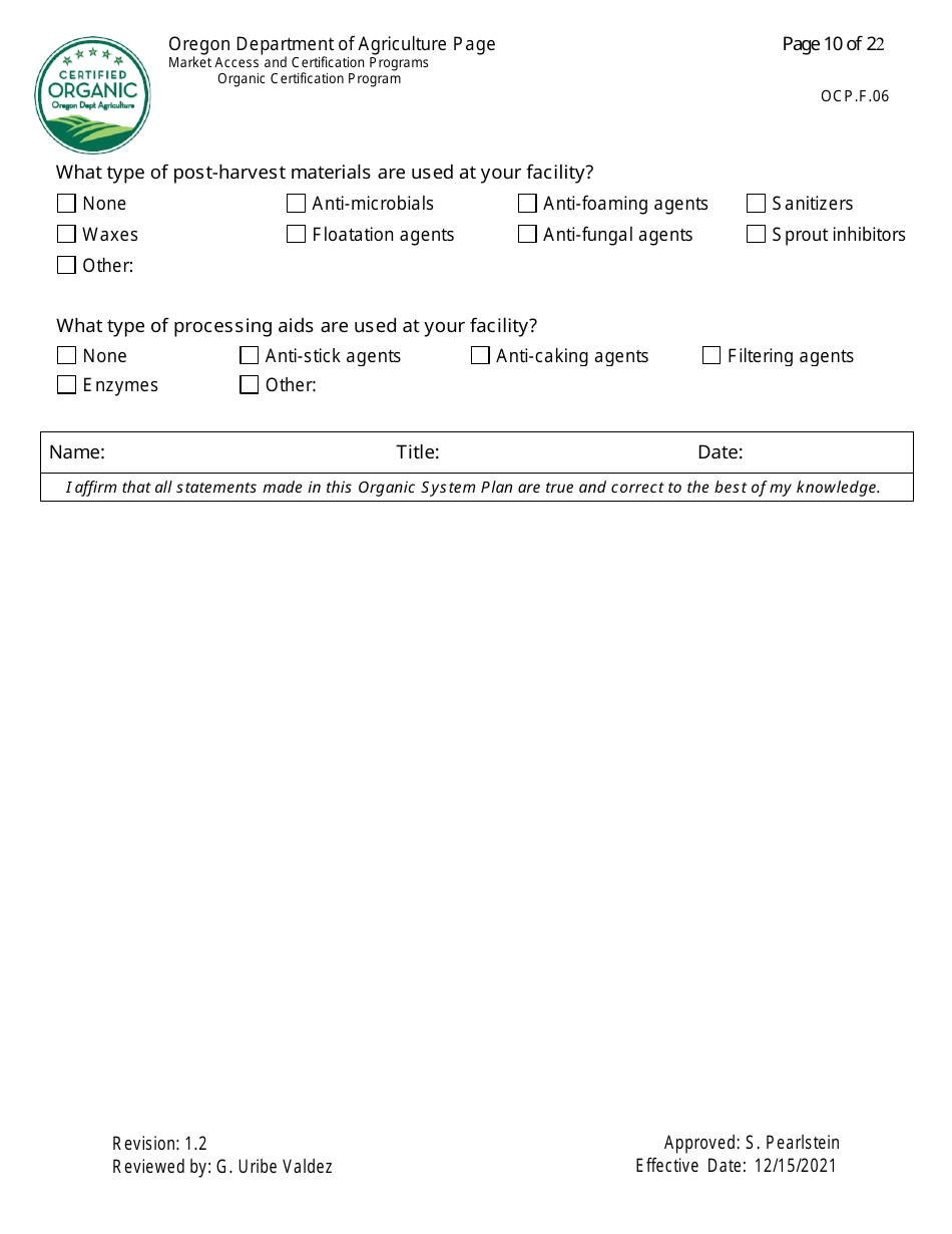 Form OCP.F.60 Handler Organic System Plan - Oregon, Page 10