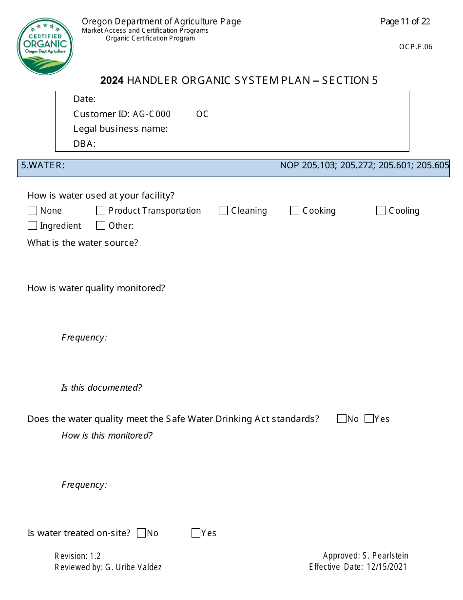 Form OCP.F.60 Handler Organic System Plan - Oregon, Page 11
